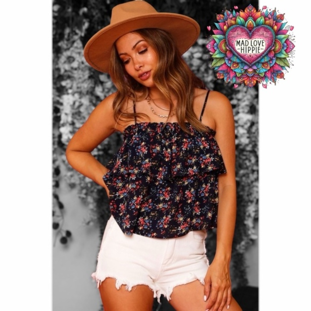 Fantastic Fawn Navy Floral Ruffle Tiered Sleeveless Cami Top